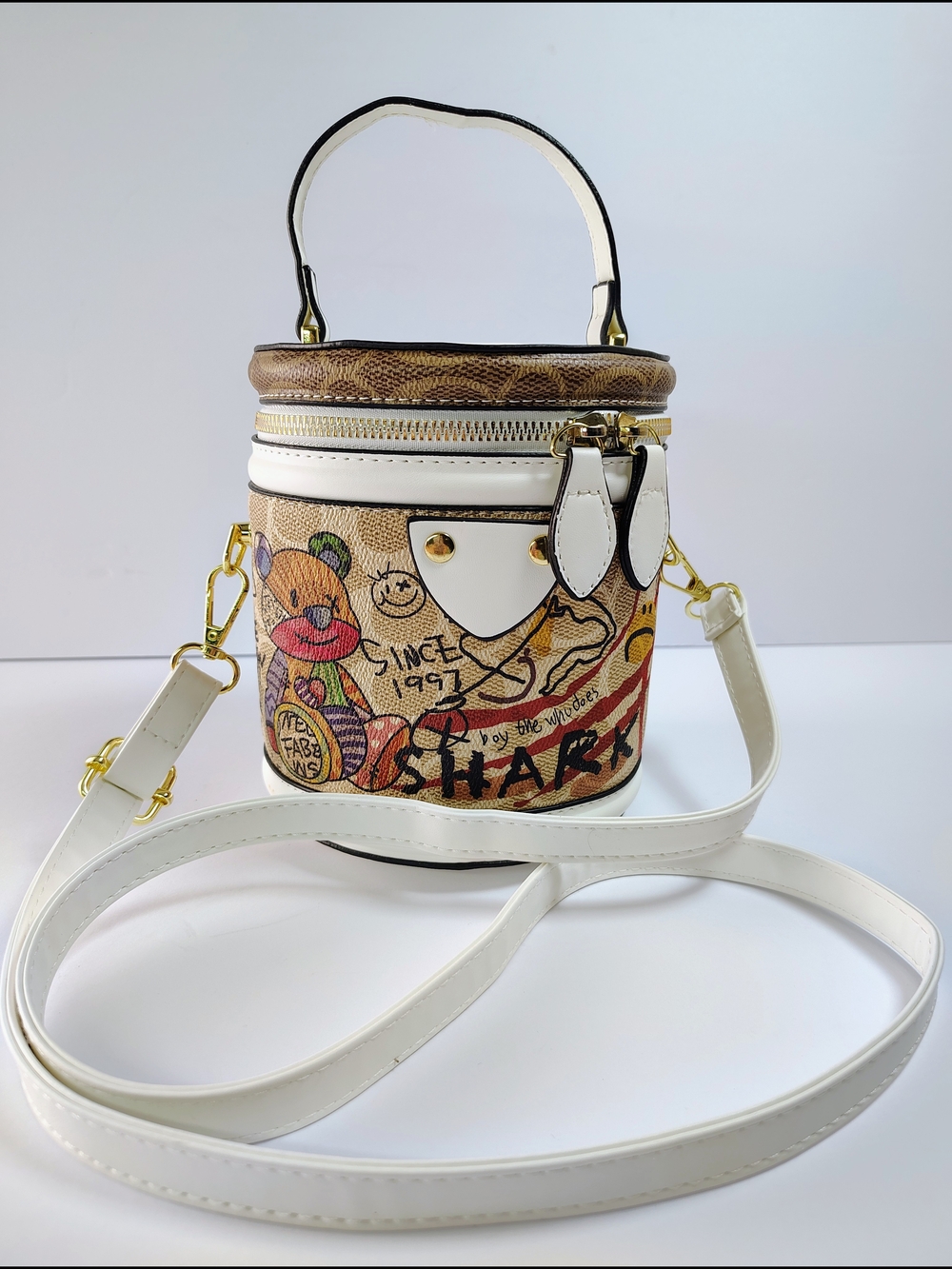 Graffiti Print Cylinder Crossbody Bag & Top Handle Handbag - Picture 2 of 12